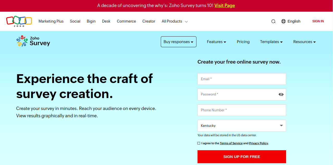 Zoho Survey Home Page