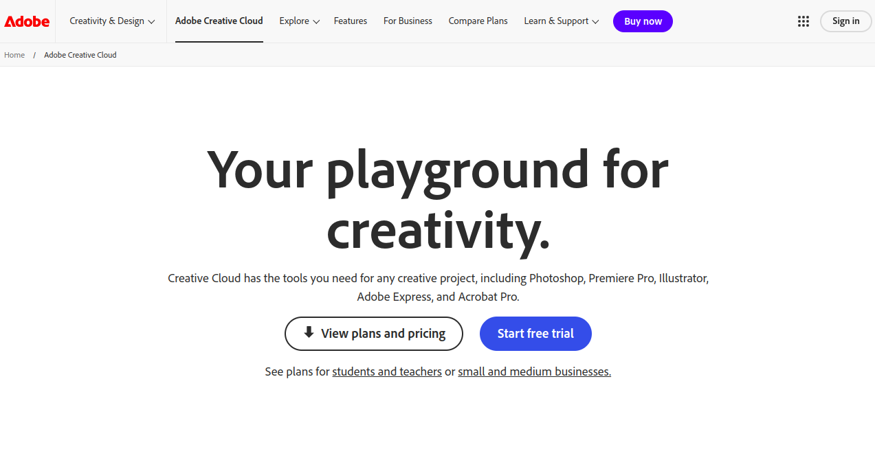 Adobe Creative Cloud Home Page